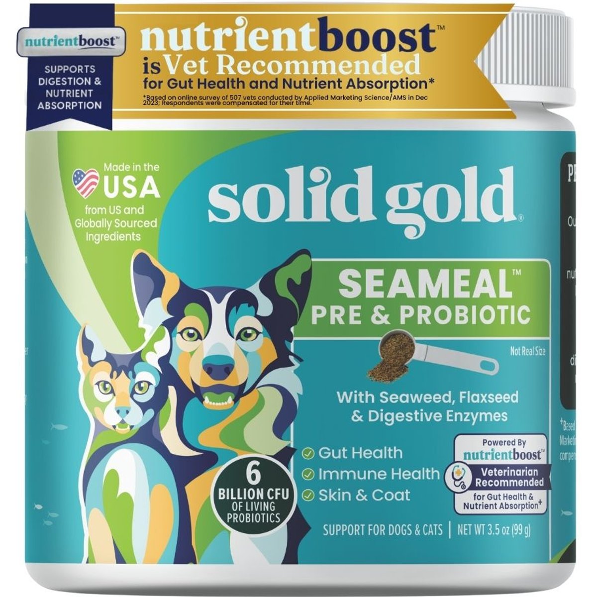 Solid Gold SeaMeal Probiotic Powder Digestive Support Food Topper Supplement for Dogs & Cats, 3.5-oz jar