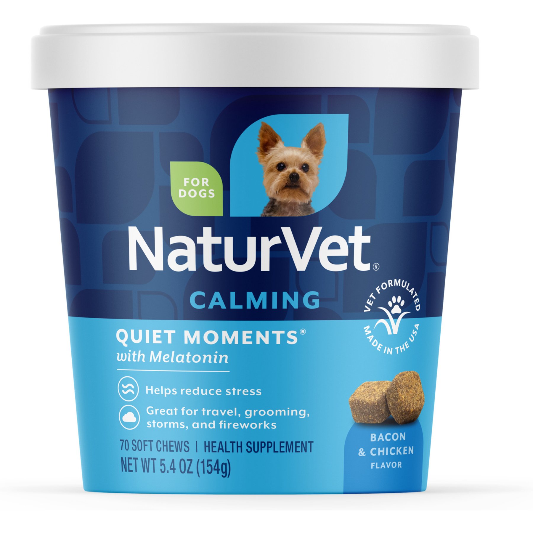 NaturVet Quiet Moments Bacon & Chicken Flavored Calming Supplement for Dogs, 70 count