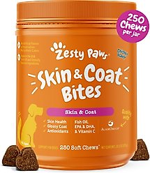 Zesty Paws Skin & Coat Bites Chicken Flavored Soft Chews Omega 3 Fish Oil Supplement for Dogs, 250 count