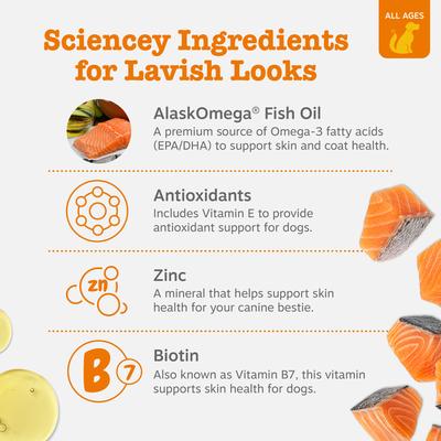 Show full view: Zesty Paws Skin & Coat Bites Chicken Flavored Soft Chews Omega 3 Fish Oil Supplement for Dogs, 90 count slide 3 of 11