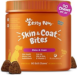 Zesty Paws Skin & Coat Bites Chicken Flavored Soft Chews Omega 3 Fish Oil Supplement for Dogs, 90 count