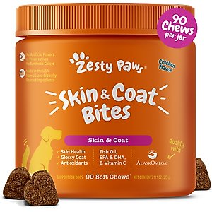 Zesty Paws Skin & Coat Bites Chicken Flavored Soft Chews Omega 3 Fish Oil Supplement for Dogs, 90 count