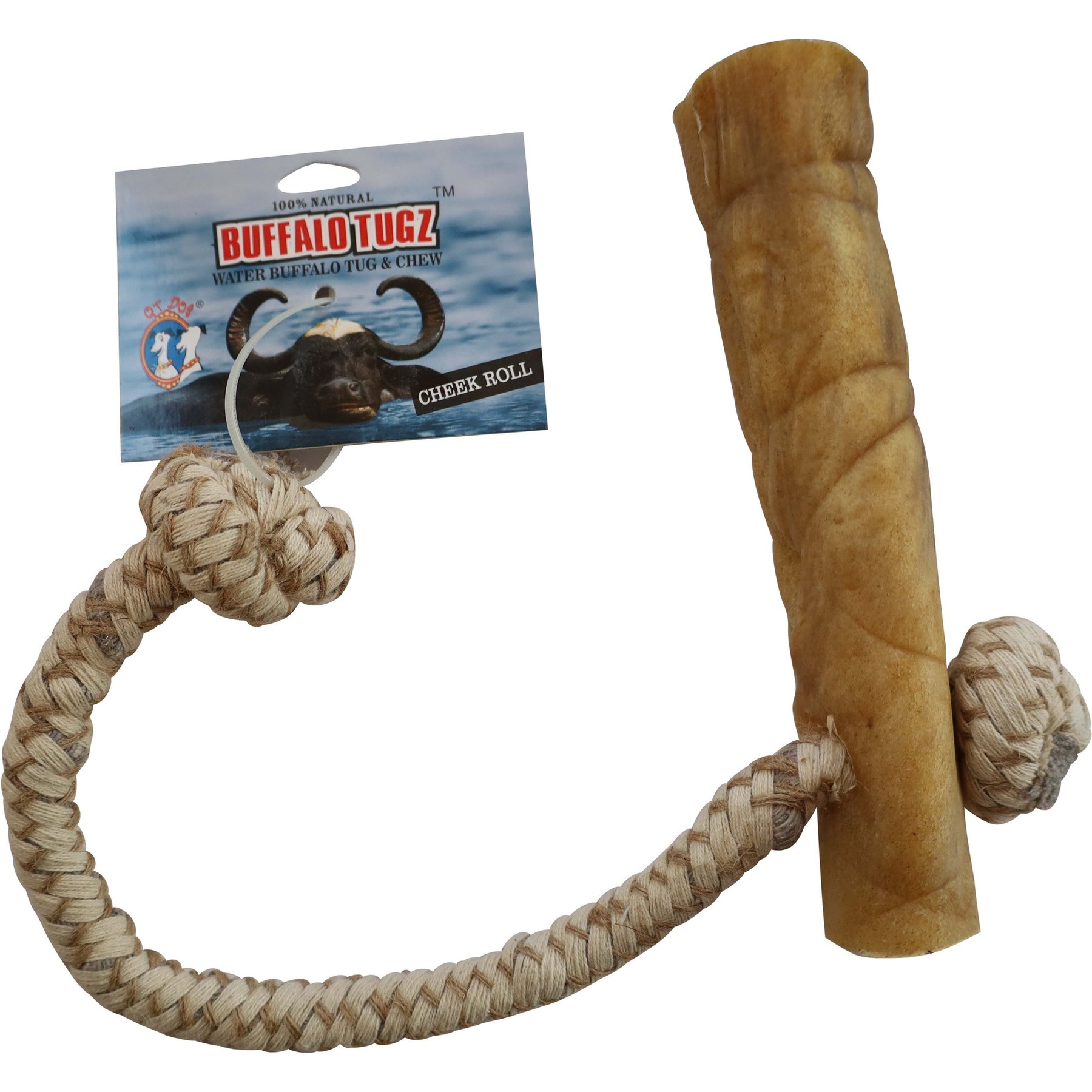 QT Dog Water Buffalo Cheek Roll Rope Tug Dog Toy, 8--in