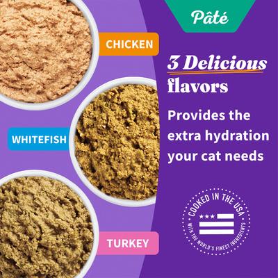 Show full view: Halo Chicken, Whitefish, Turkey Variety Pack Grain-Free Pate Adult Wet Cat Food, 5.5-oz can, case of 12 slide 4 of 8