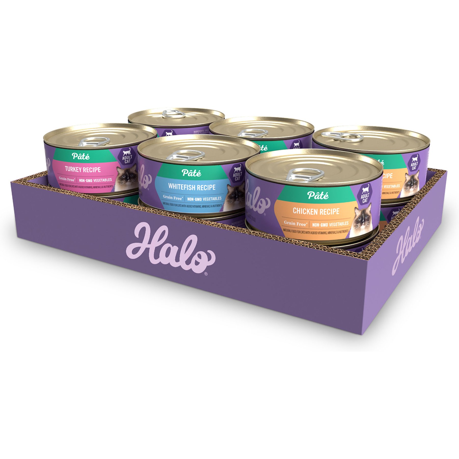 Halo Chicken, Whitefish, Turkey Variety Pack Grain-Free Pate Adult Wet Cat Food, 5.5-oz can, case of 12