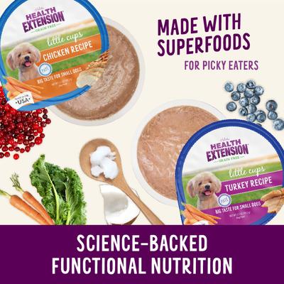 Show full view: Health Extension Little Cups Chicken & Turkey Recipe Variety Pack Small Breed Grain-Free Wet Puppy Food, 3.5-oz can, case of 12 slide 7 of 11