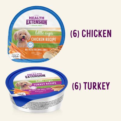Show full view: Health Extension Little Cups Chicken & Turkey Recipe Variety Pack Small Breed Grain-Free Wet Puppy Food, 3.5-oz can, case of 12 slide 5 of 11