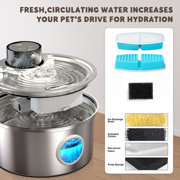 Casfuy PWL-003 Smart Motion Sensor Cordless Stainless Steel Dog & Cat Water Fountain, 108-oz