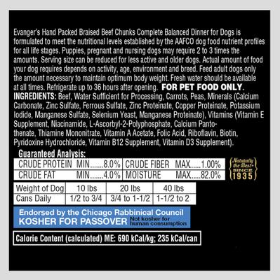 Show full view: Evanger's Grain-Free Hand Packed Braised Beef Chunks with Gravy Canned Dog Food, 12-oz, case of 12 slide 6 of 10