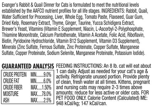 Show full view: Evanger's Super Premium Rabbit & Quail Dinner Grain-Free Canned Cat Food, 5.5-oz, case of 24 slide 6 of 7