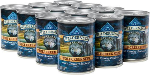 Show full view: Blue Buffalo Wilderness Wolf Creek Stew Chunky Chicken Stew Grain-Free Adult Canned Dog Food, 12.5-oz, case of 12 slide 4 of 11