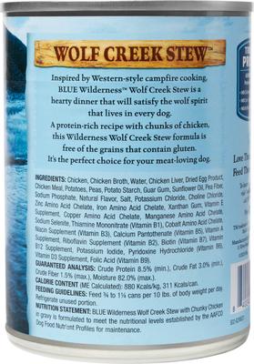 Show full view: Blue Buffalo Wilderness Wolf Creek Stew Chunky Chicken Stew Grain-Free Adult Canned Dog Food, 12.5-oz, case of 12 slide 3 of 11