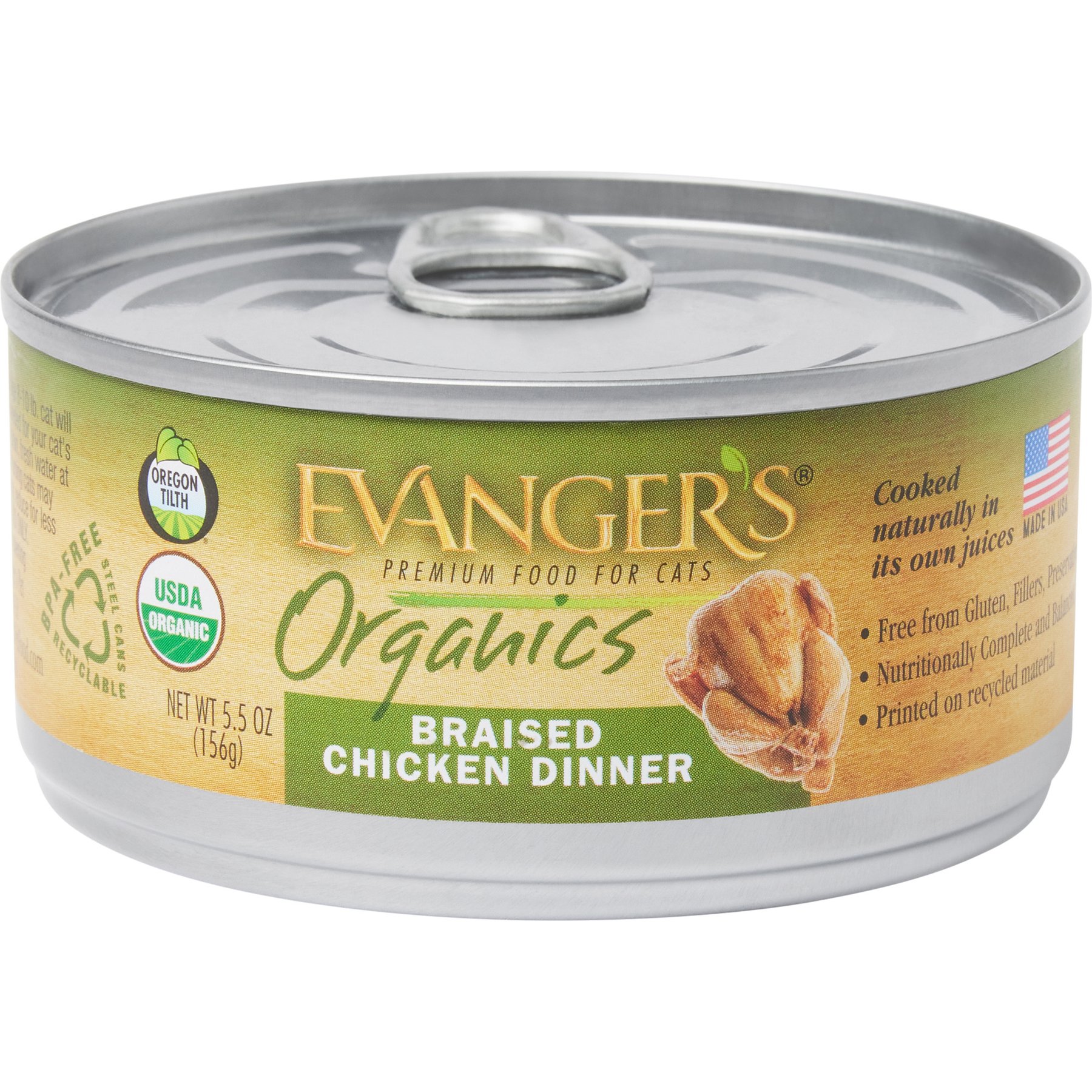 Evanger's Organics Braised Chicken Canned Cat Food, 5.5-oz, case of 24