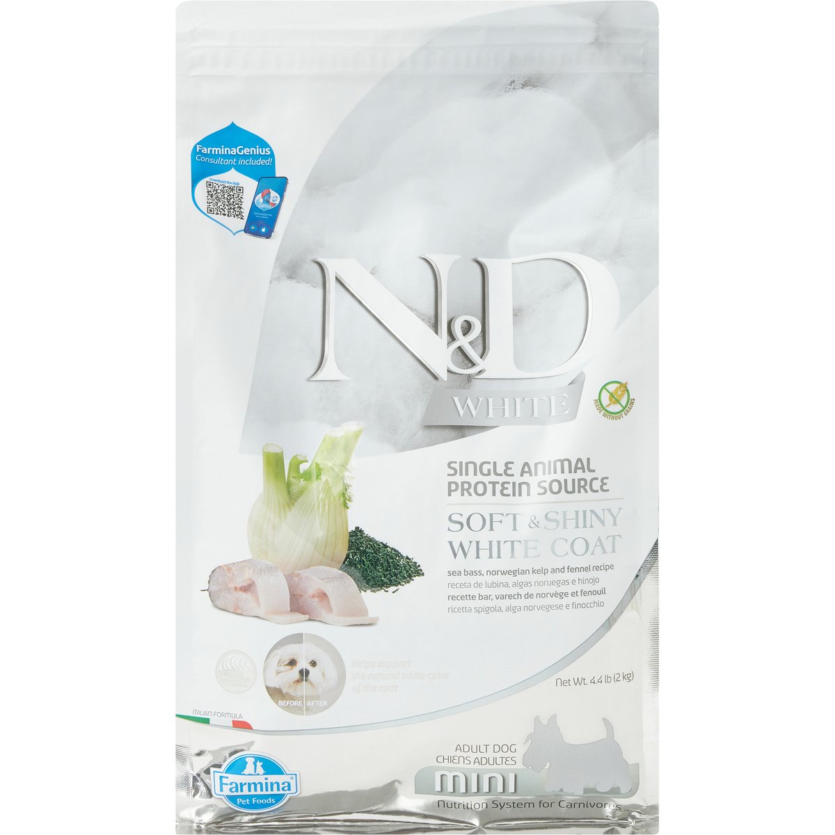 Farmina N&D White Coat Canine Formula Adult GMO-Free Sea Bass, Fennel & Kelp Mini Dry Dog Food, 4.4-lb bag