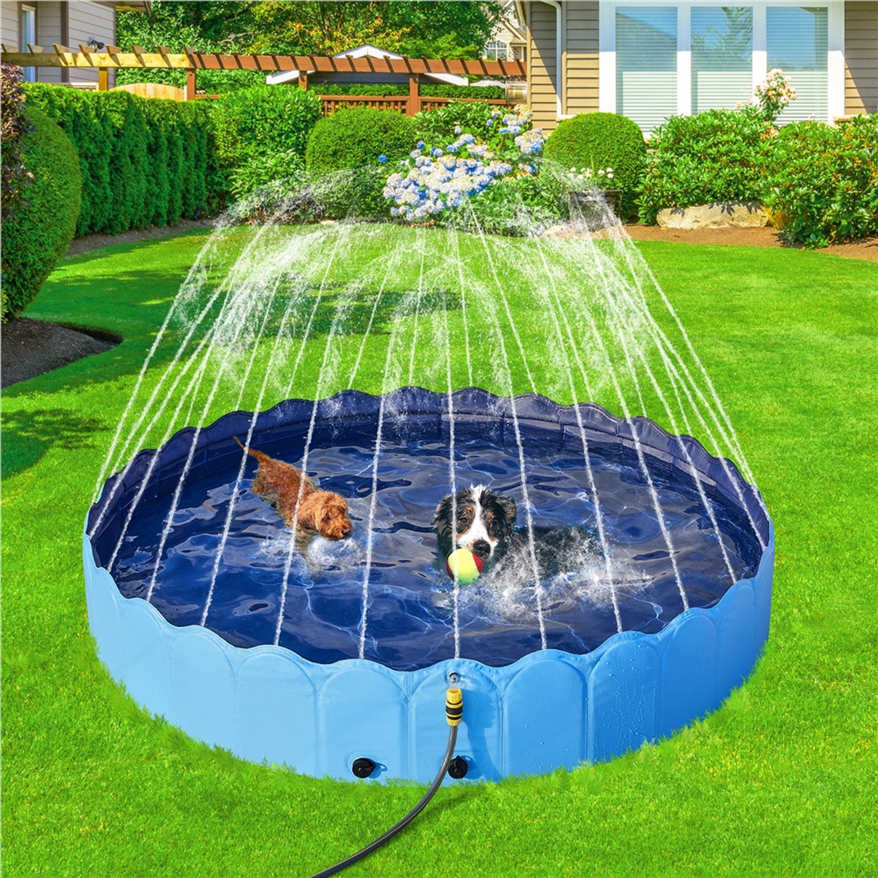Yaheetech Foldable Dog Swimming Pool with Sprinkler, Blue, XXXX-Large, 79-in