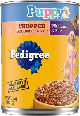 Show full view: Puppy Variety Pack: Pedigree Variety Pack Wet Food, 3.5-oz pouch, pack of 18 + Pedigree Growth & Protection Grilled Steak & Vegetable Flavor Dry Food, 3.5-lb bag + Pedigree Chopped Ground Lamb & Rice Recipe Wet Canned Food, 13.2-oz can, case of 12 + Pedigree Dentastix Small/Medium Original Chicken Flavor Dental Treats, 25 count slide 6 of 9