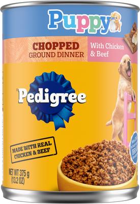 Show full view: Pedigree Chopped Ground Dinner with Chicken & Beef Puppy Canned Wet Dog Food, 13.2-oz can, bundle of 24  slide 3 of 12