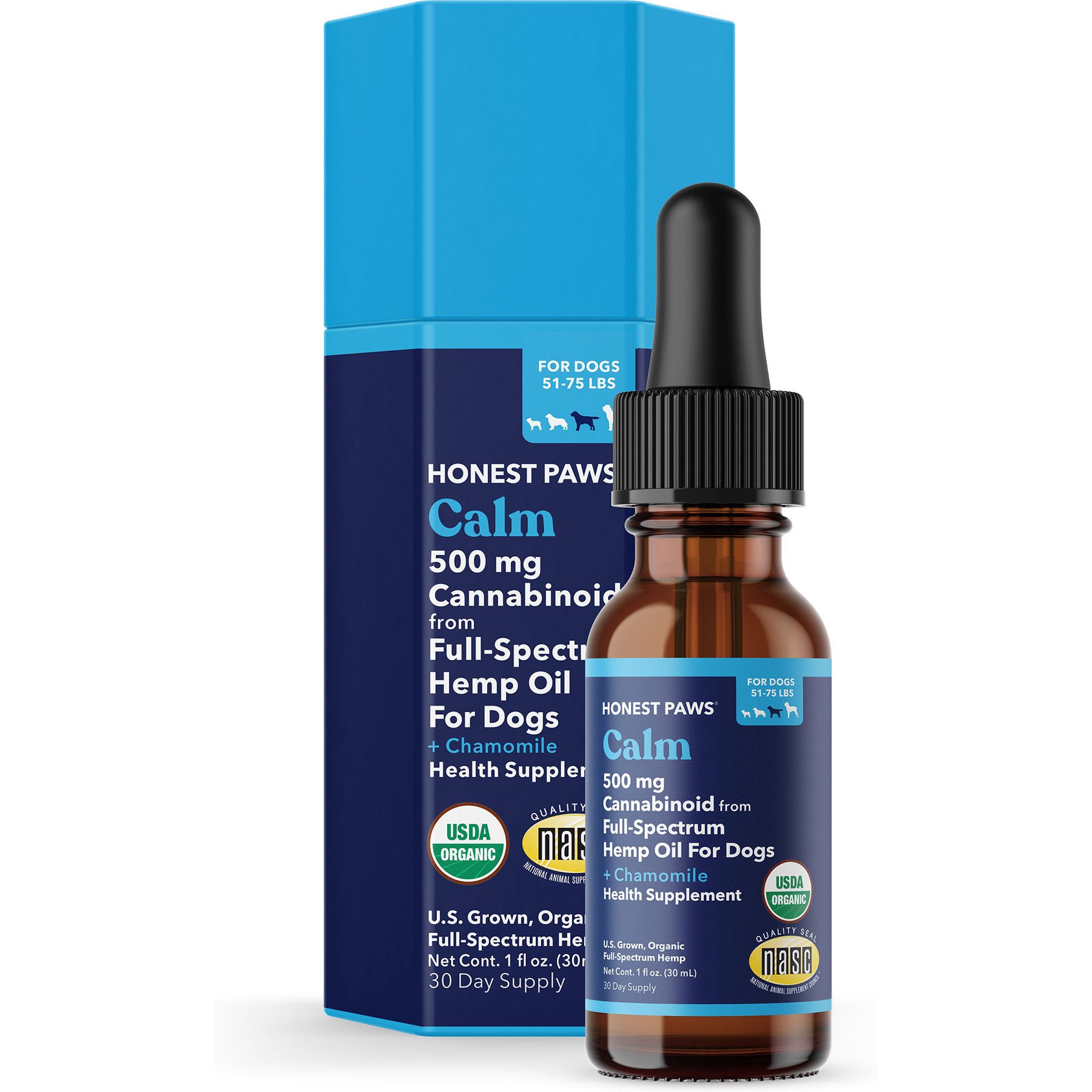 Honest Paws Full-Spectrum Hemp Oil Tincture for Dogs 51-74-lbs, 500-mg, Calm Blend, 30-mL