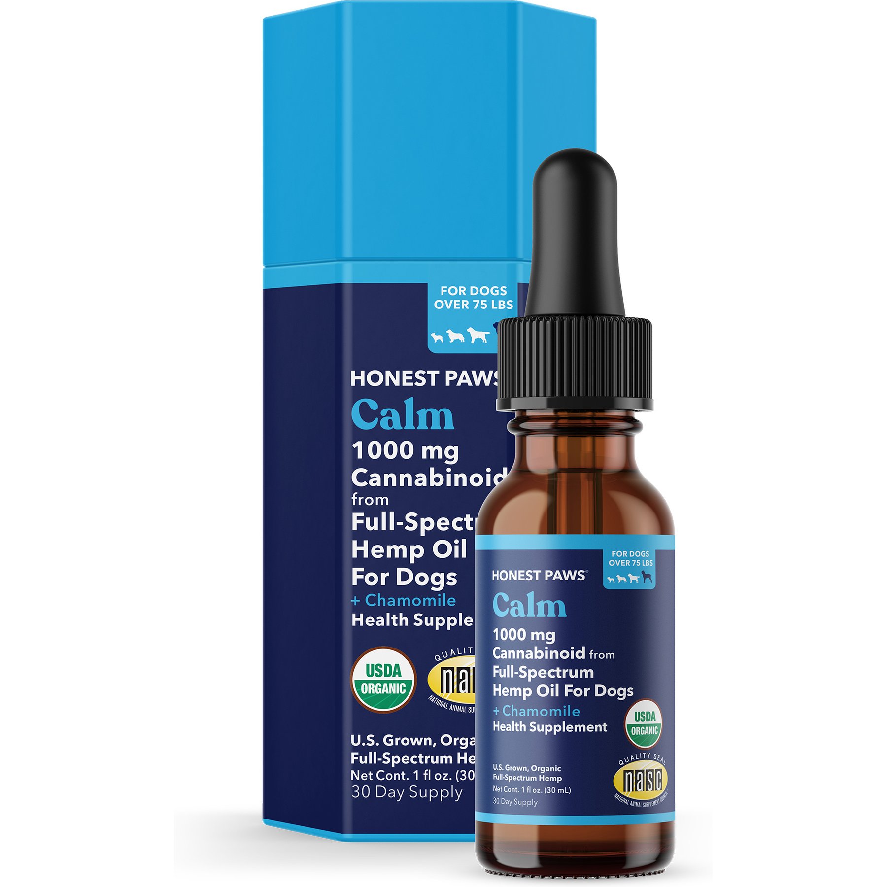 Honest Paws Full-Spectrum Hemp Oil Tincture for Dogs Over 75-lbs, 1000-mg, Calm Blend, 30-mL