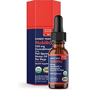 Honest Paws Full-Spectrum Hemp Oil Tincture for Dogs 25-50-lbs, 250-mg, Mobility Blend, 30-mL