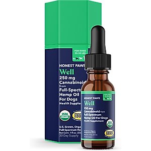 Honest Paws Full-Spectrum Hemp Oil Tincture for Dogs 25-50-lbs, 250-mg, Well Blend, 30-mL