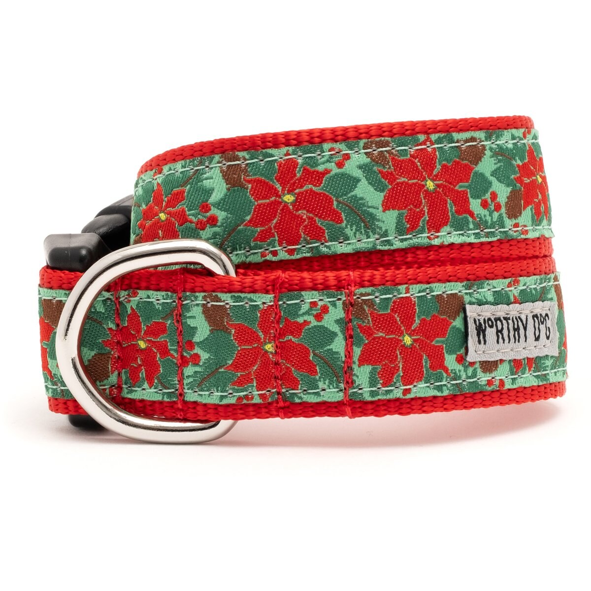 The Worthy Dog Christmas Poinsettias Dog Collar, X-Large: 17 to 23-in neck, 1-in wide