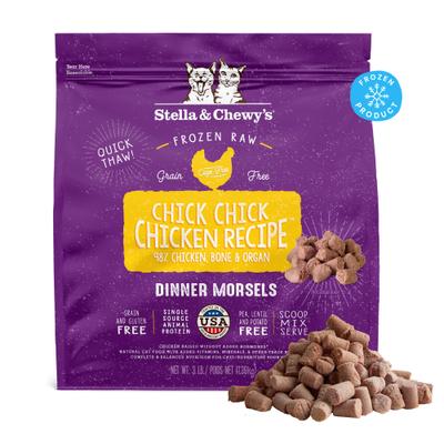 Show full view: Stella & Chewy's Frozen Chick Chick Chicken Morsels Grain-Free Frozen Cat Food, 3-lb bag slide 1 of 11