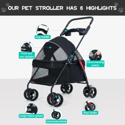 Show full view: Wefeedy Foldable 4-Wheel Dog & Cat Stroller, Black, Medium slide 3 of 10