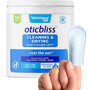 Vetnique Labs Oticbliss Cleaning & Drying Ear Finger Mitt Dog & Cat Ear Wipes, 50 count