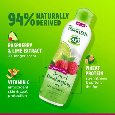 Show full view: TropiClean EnduraScent Raspberry Lime Scented Deodorizing Dog & Cat Shampoo, 20-fl oz bottle slide 7 of 10