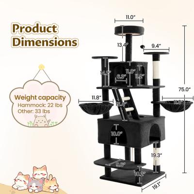 Show full view: TSCOMON 75-in Multi-Level Scratching Post Cat Tree & Condo, Black slide 2 of 12