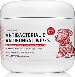Chew + Heal Antibacterial & Antifungal Chlorhexidine & Ketoconazole Dog & Cat Grooming Wipes, 100 count
