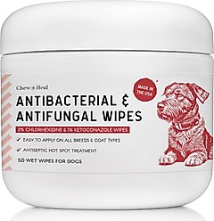 Chew + Heal Antibacterial & Antifungal Chlorhexidine & Ketoconazole Dog & Cat Grooming Wipes, 50 count