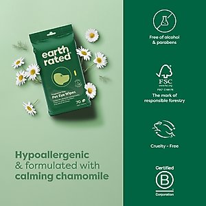 Earth Rated Hypoallergenic Pet Eye Wipes Fragrance Free, 70 count