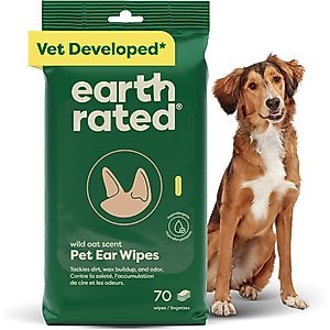 Earth Rated Vet-Developed Hypoallergenic Pet Ear Wipes Wild Oat Scent, 70 count