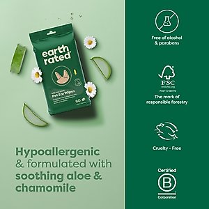 Earth Rated Vet-Developed Hypoallergenic Pet Ear Wipes Wild Oat Scent, 70 count