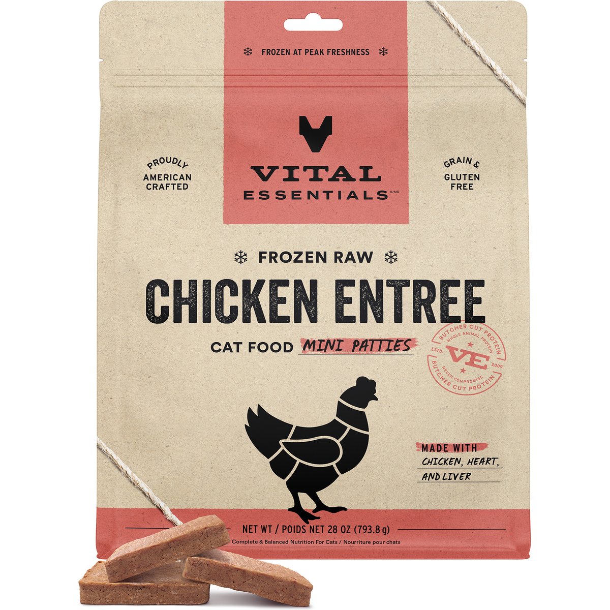 Vital Essentials Frozen Raw Mini Patties Grain-Free Chicken Entree Cat Food, 28-oz bag