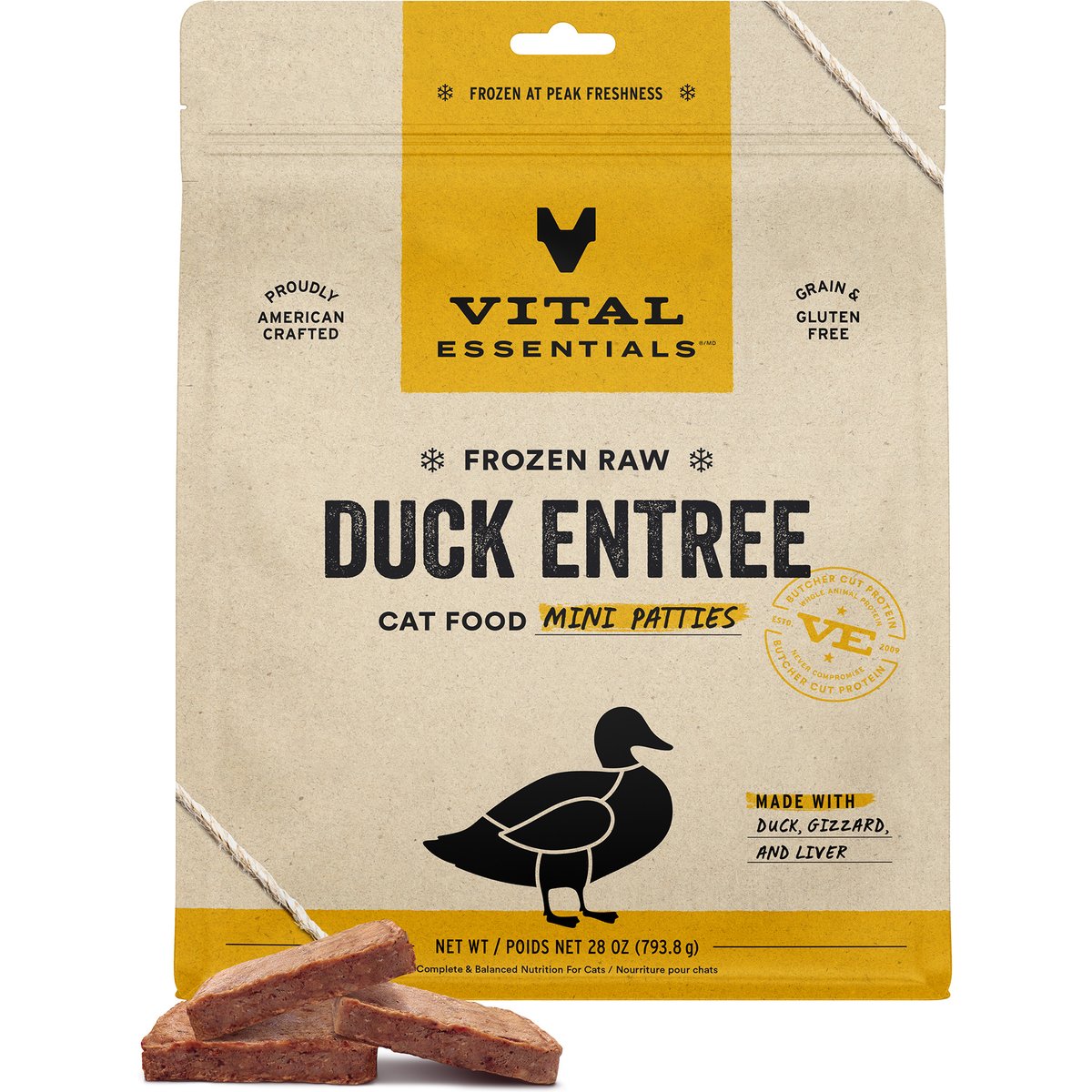 Vital Essentials Frozen Raw Mini Patties Grain-Free Duck Entree Cat Food, 28-oz bag