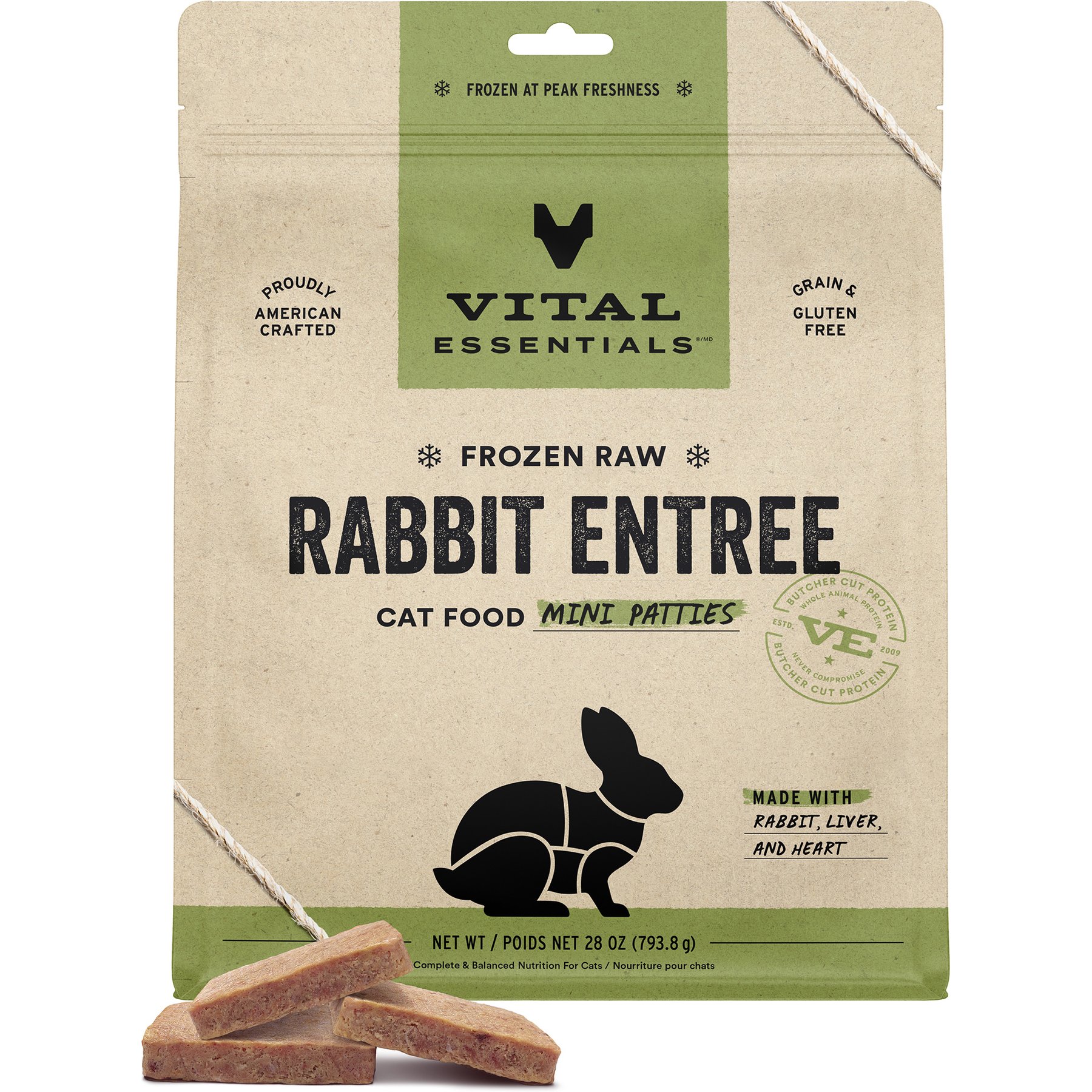 Vital Essentials Frozen Raw Mini Patties Grain-Free Rabbit Entree Cat Food, 28-oz bag