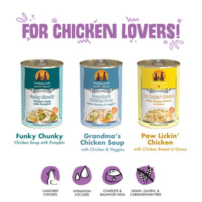Show full view: Weruva Classic Cluck Crew Variety Pack Grain-Free Wet Dog Food, 14-oz can, case of 3 slide 7 of 9