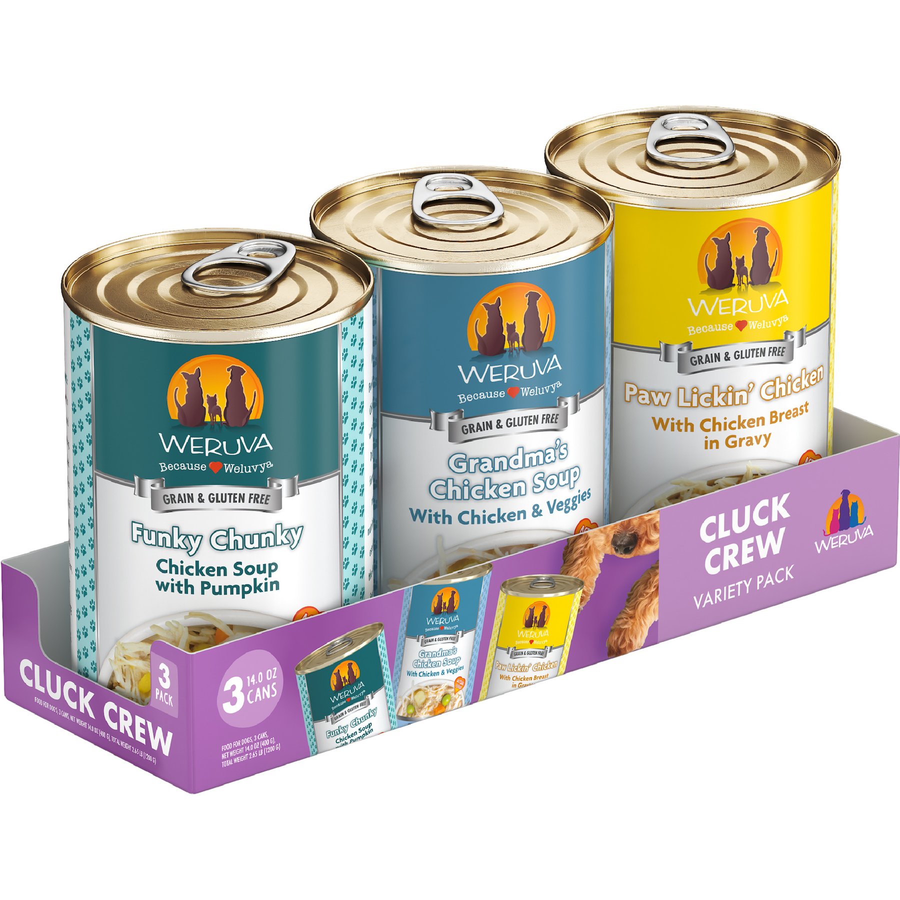 Weruva Classic Cluck Crew Variety Pack Grain-Free Wet Dog Food, 14-oz can, case of 3