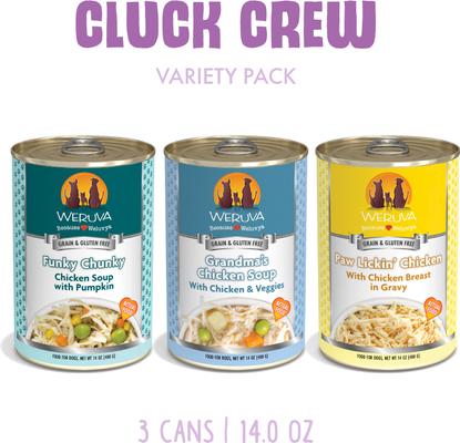 Show full view: Weruva Classic Cluck Crew Variety Pack Grain-Free Wet Dog Food, 14-oz can, case of 3 slide 3 of 9