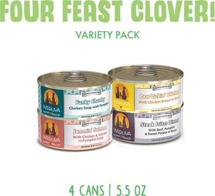 Show full view: Weruva Four Feast Clover Variety Pack Grain-Free Canned Dog Food, 5.5-oz can, case of 4 slide 3 of 9