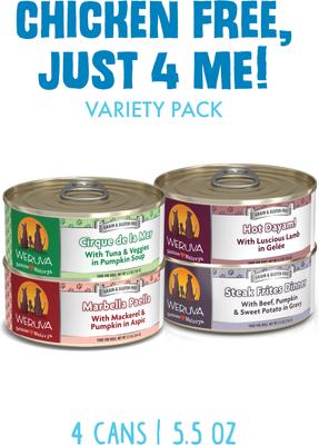 Show full view: Weruva Chicken-Free Just 4 Me Variety Pack Grain-Free Canned Dog Food, 5.5-oz can, case of 4 slide 3 of 11