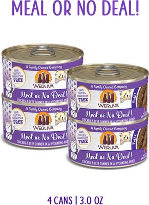 Show full view: Weruva Classic Meal or No Deal! Chicken & Beef Pate Grain-Free Wet Cat Food, 3-oz can, case of 4 slide 3 of 11