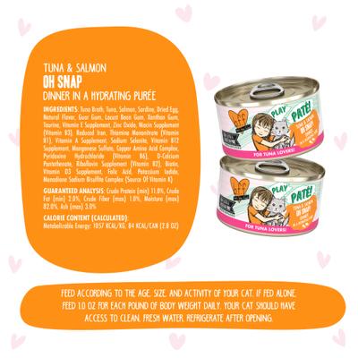 Show full view: BFF Play Pate Lovers Oh Snap! Tuna & Salmon Grain-Free Wet Cat Food, 2.8-oz can, case of 4 slide 5 of 13