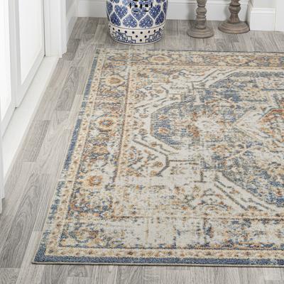 Show full view: JONATHAN Y Keesha Bold Distressed Medallion Low-Pile Machine-Washable Area Rug, Blue/Cream, 5' x 8' slide 9 of 11