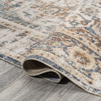 Show full view: JONATHAN Y Keesha Bold Distressed Medallion Low-Pile Machine-Washable Area Rug, Blue/Cream, 5' x 8' slide 6 of 11
