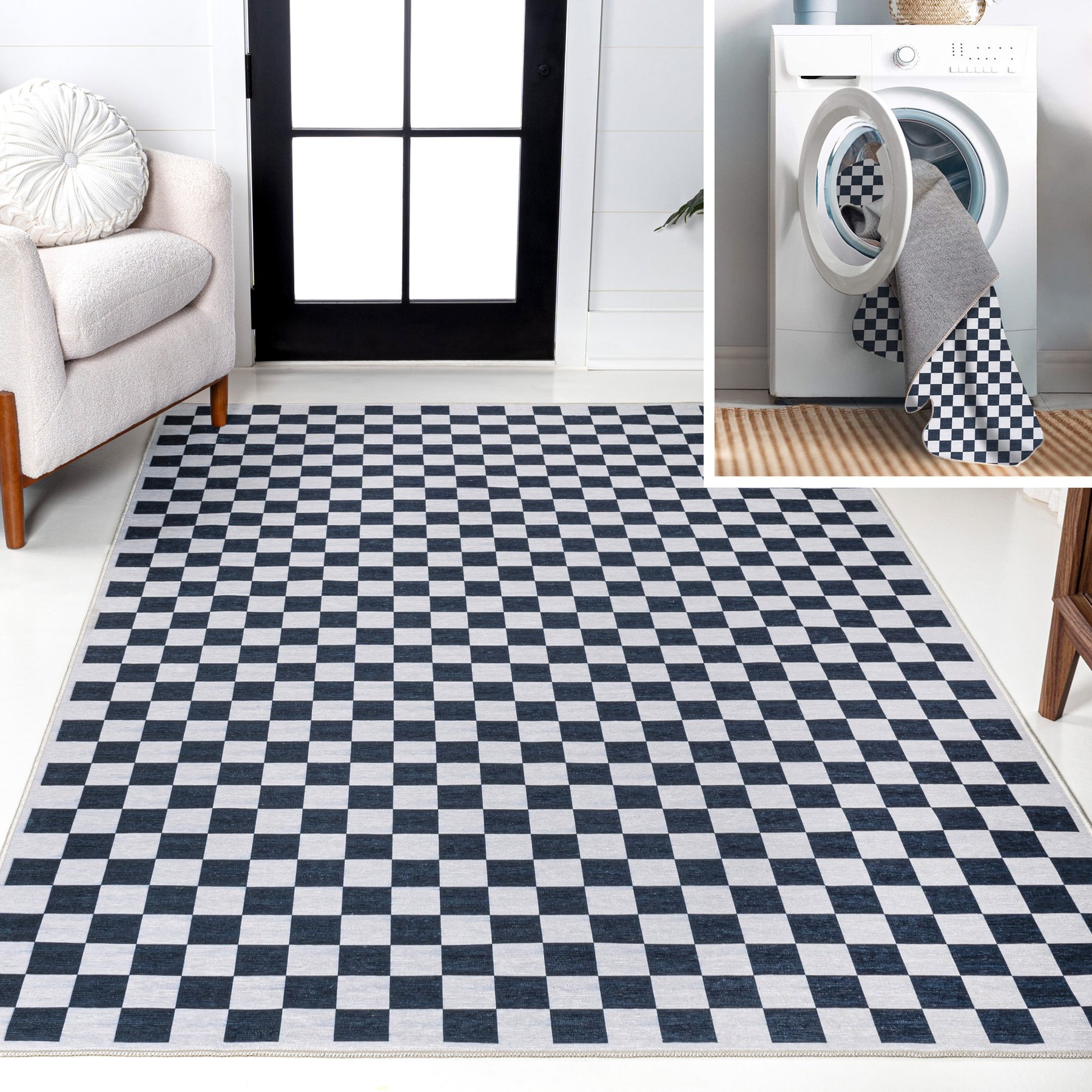 JONATHAN Y Ainsley Modern Cottage Checkerboard Washable Area Rug, Dark Blue/White, 8' x 10'