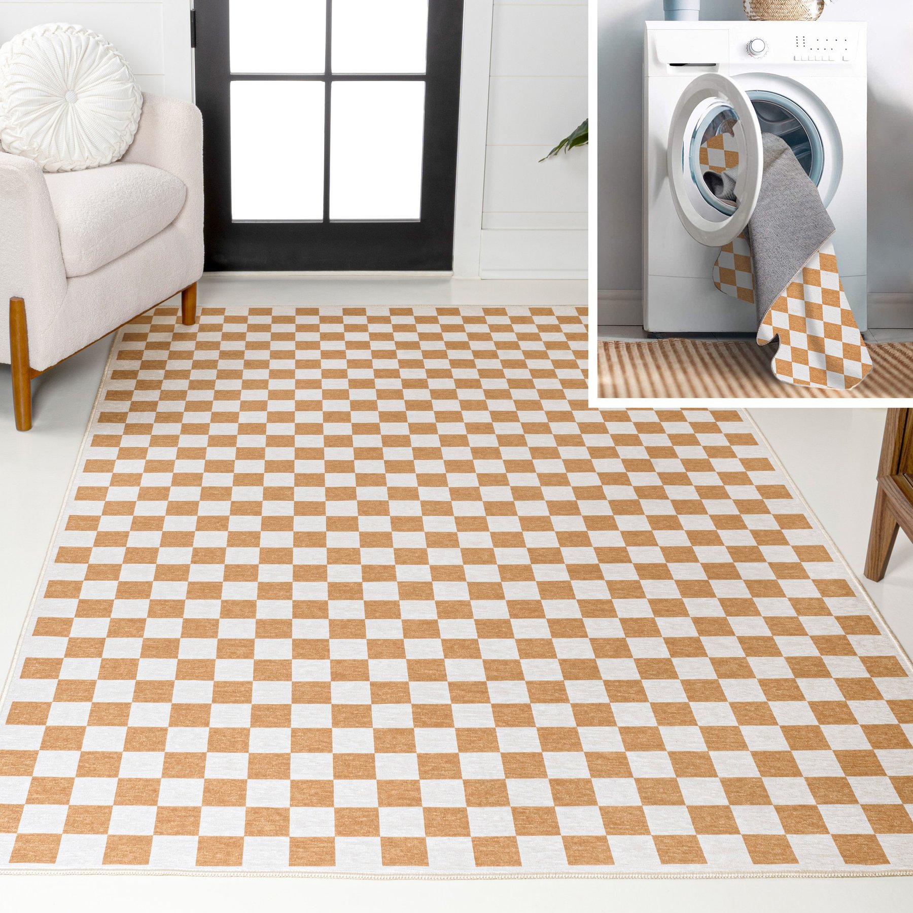 JONATHAN Y Ainsley Modern Cottage Checkerboard Washable Area Rug, Gold/Cream, 5' x 8'